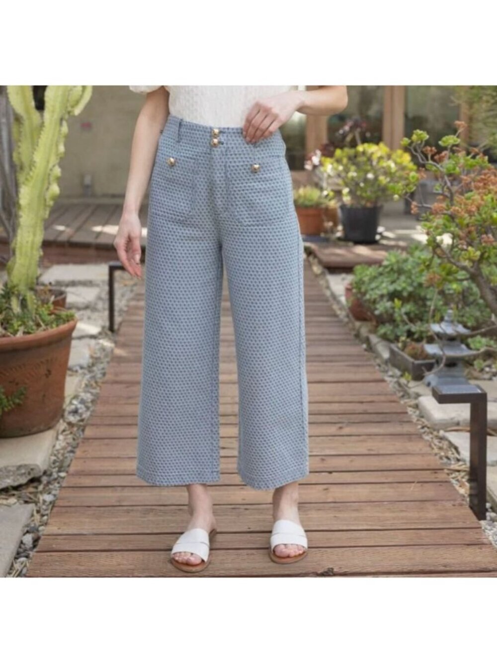 NWT VOY Mini Diamond Print Pant Size S Blue Wide Leg